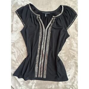 White House Black Market Sequin Embellished Top Small Black V Neck Sheer Sleeve